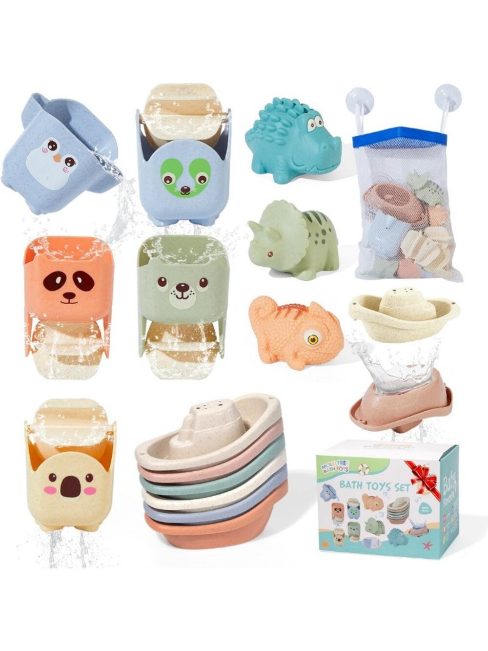 Mold-Free Baby Bath Toys Set, 14 Pack Floating Boats & Cups for Toddlers 1-3